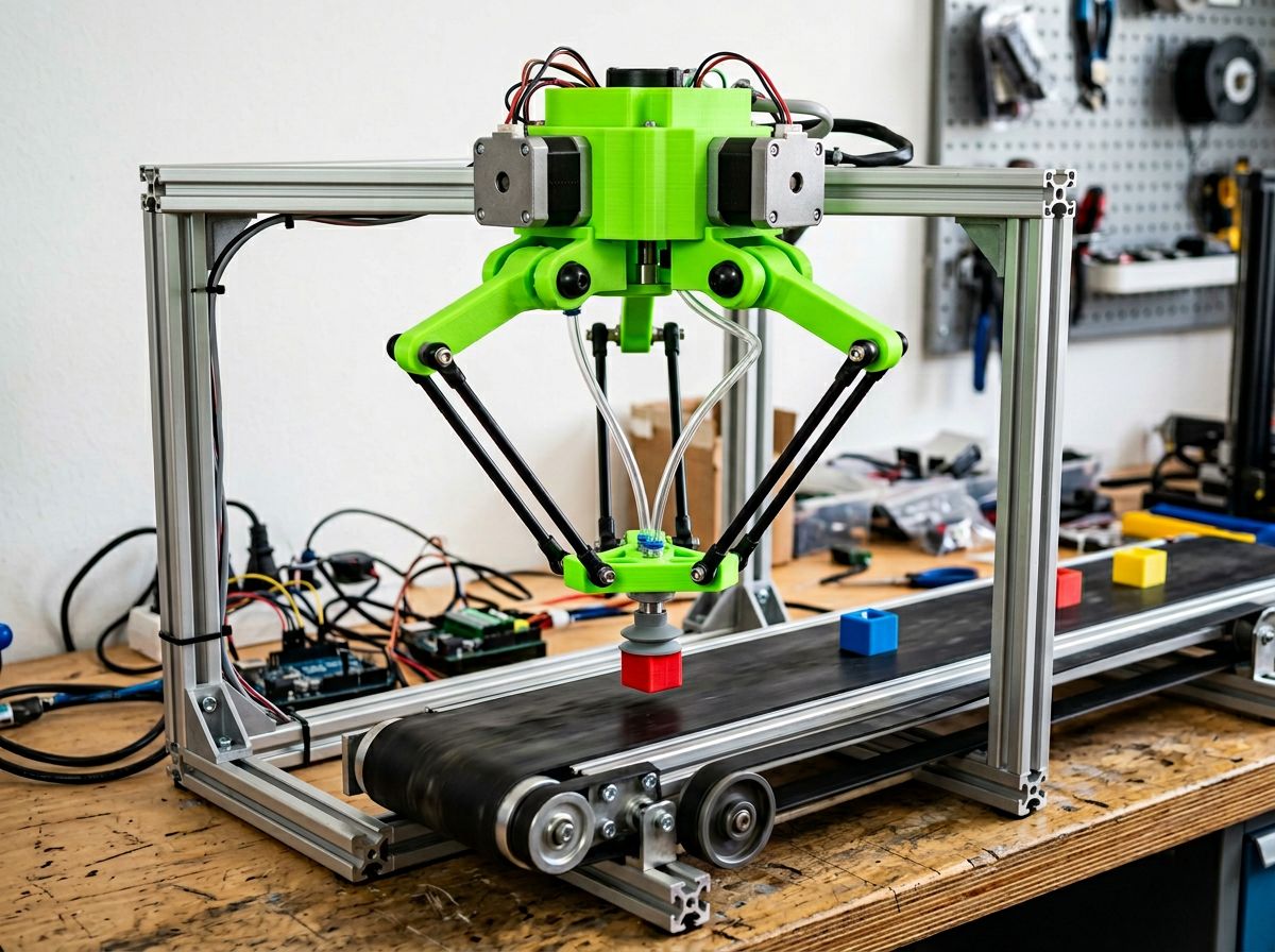 Delta robot picking parts from a conveyor