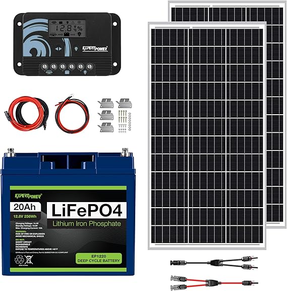 ExpertPower 200W 12V Solar Power Kit | 12V 20Ah LiFePO4 Lithium Battery | 200W Mono Rigid Solar Panels, 20A PWM Solar Charge Controller | RV, Trailer, Camper, Marine, Off Grid, Solar Projects