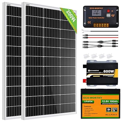 ECO-WORTHY 200 Watt 12V Complete Solar Panel Starter Kit for RV Off Grid with Battery and Inverter: 2pcs 100W Solar Panel + 30A Charge Controller + 100Ah Lithium Battery + 600W Premium Solar Inverter