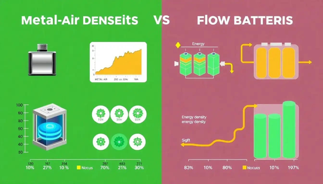 How do the energy densities of metal-air batteries and flow batteries compare