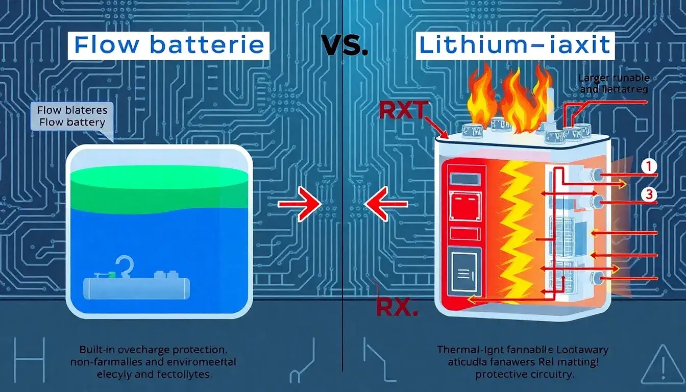 What are the main safety differences between flow batteries and lithium-ion batteries