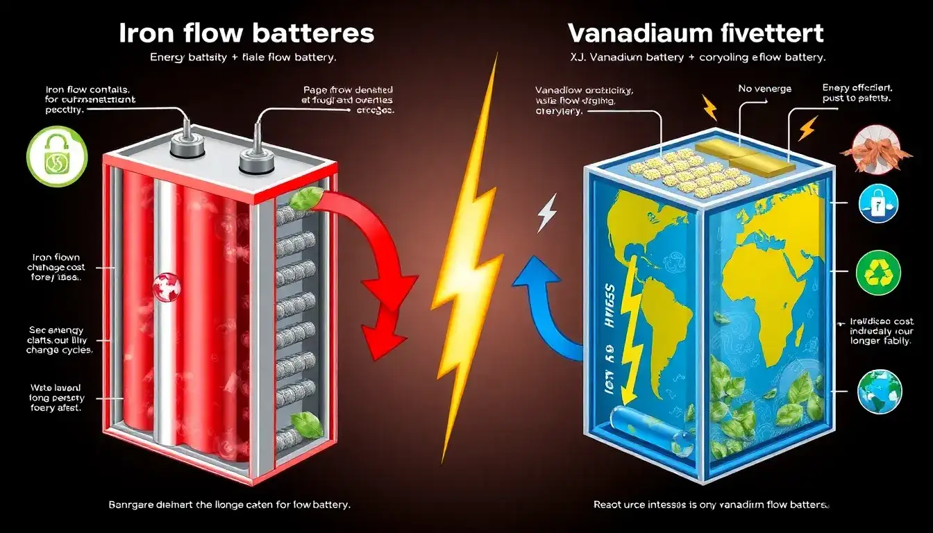 How do iron flow batteries differ from vanadium flow batteries in terms of performance and sustainability