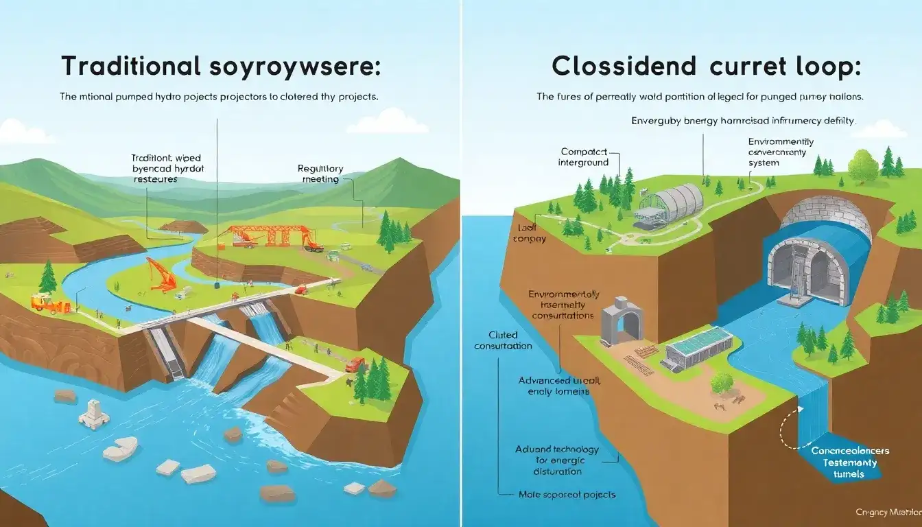 How does the permitting process differ between traditional and closed-loop pumped hydro projects