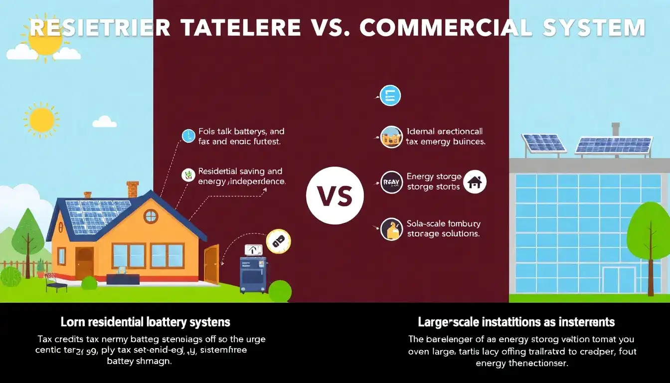 How do tax credits compare between residential and commercial energy storage systems