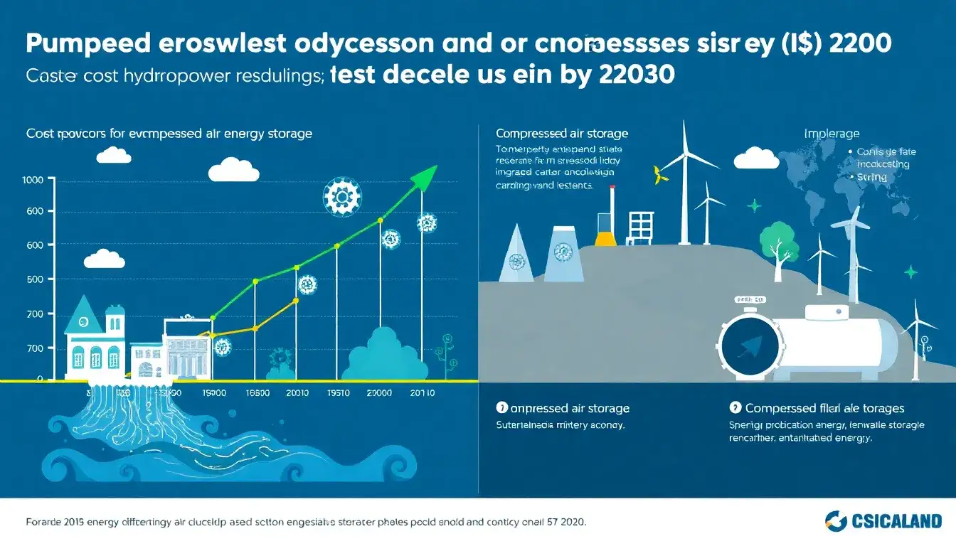 What are the projected cost reductions for pumped hydropower and compressed air storage by 2030