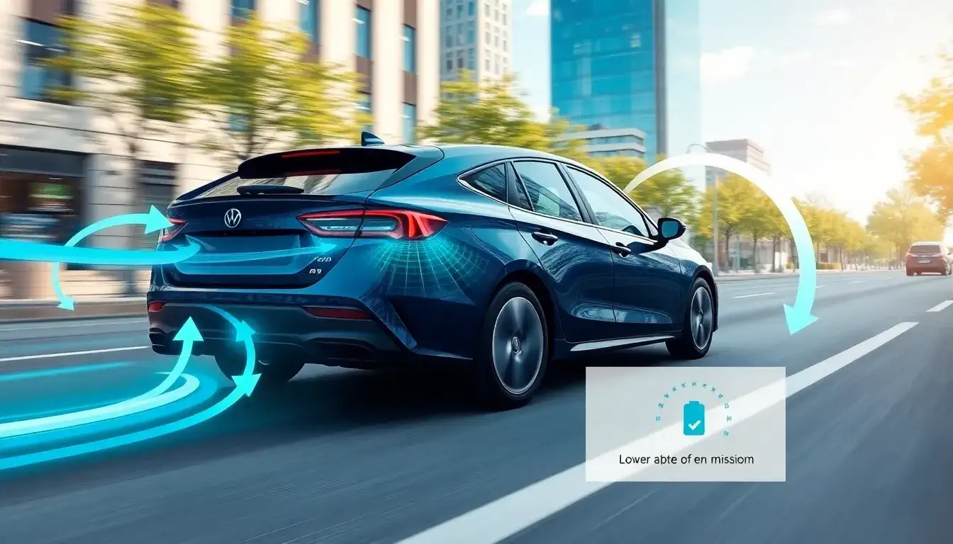 How does regenerative braking contribute to the reduction of emissions in hybrid vehicles