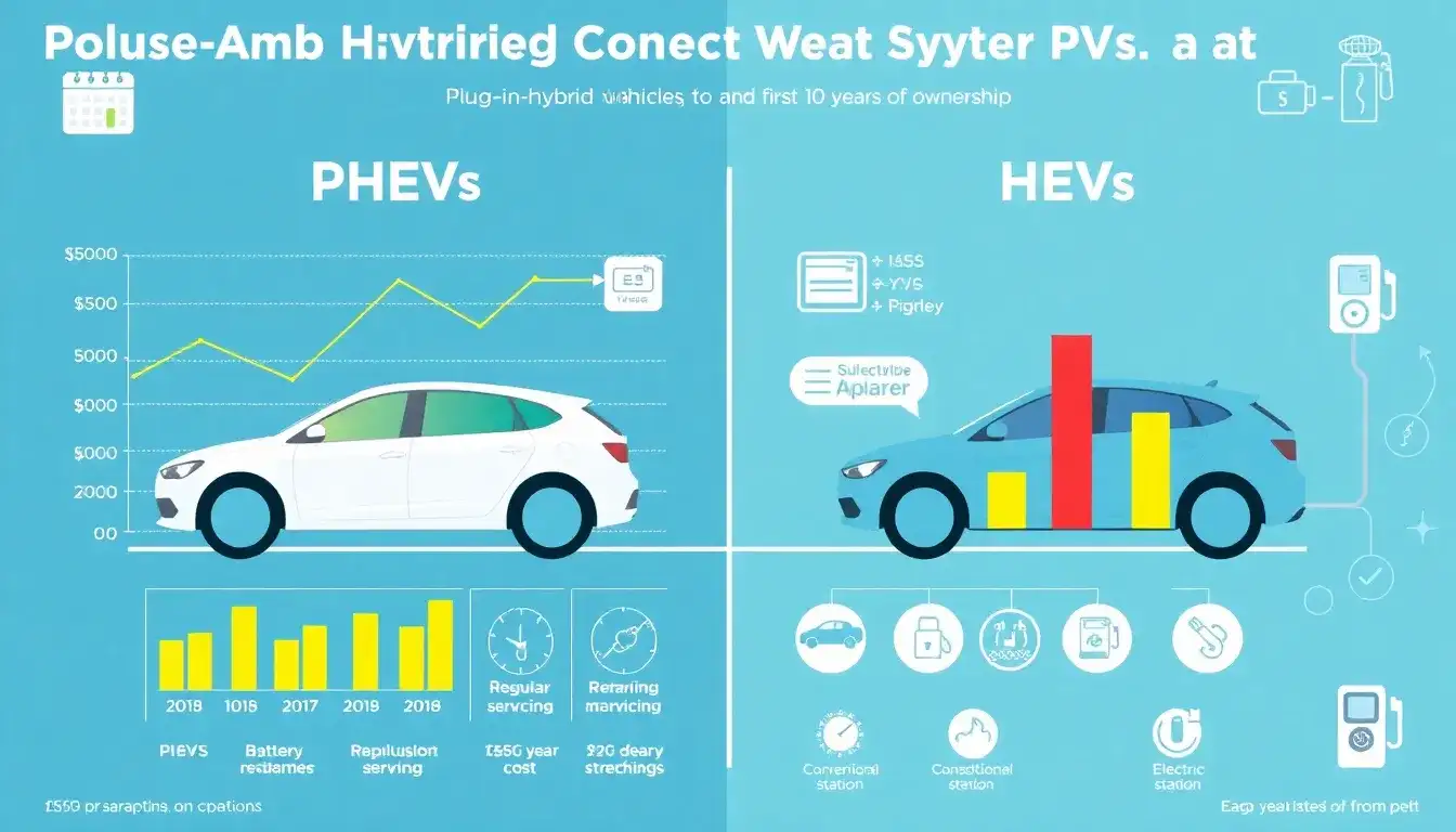 How do the maintenance costs of PHEVs compare to HEVs over the first 10 years of ownership
