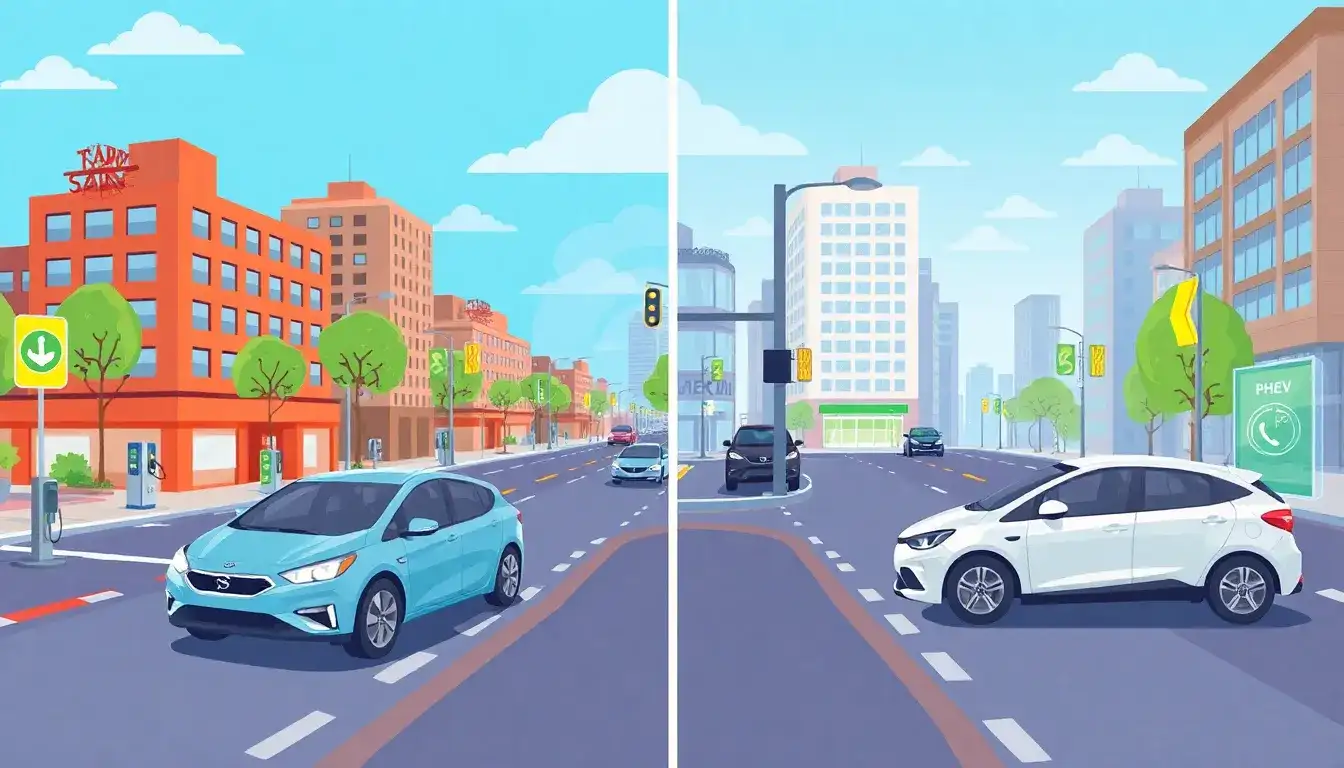 What are the main differences in fuel efficiency between PHEVs and pure EVs in city driving