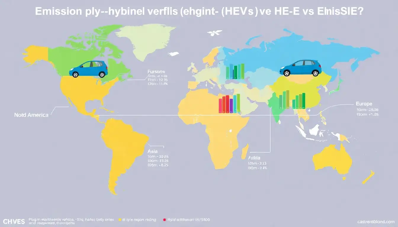 How do the emissions of PHEVs compare to HEVs in different regions
