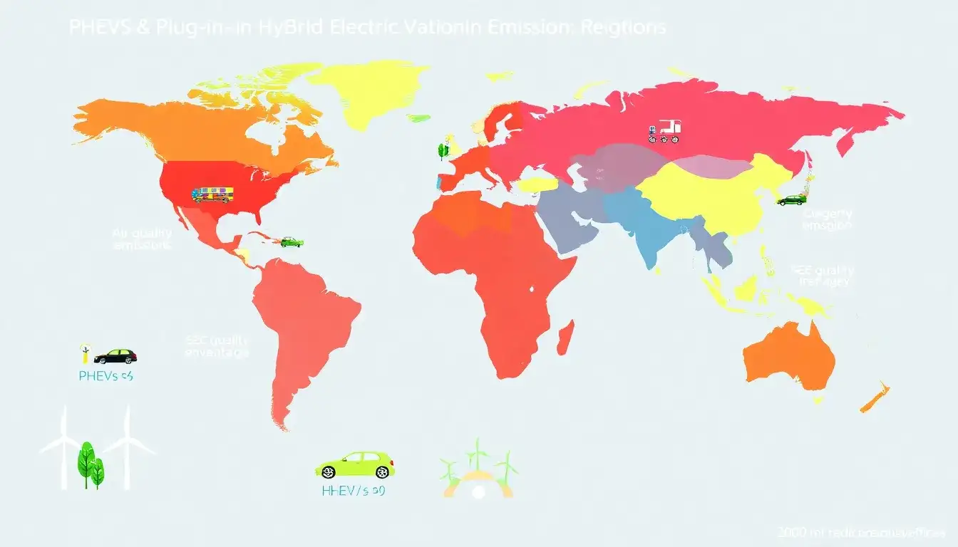 Are there specific regions where PHEVs or HEVs have a significant emissions advantage