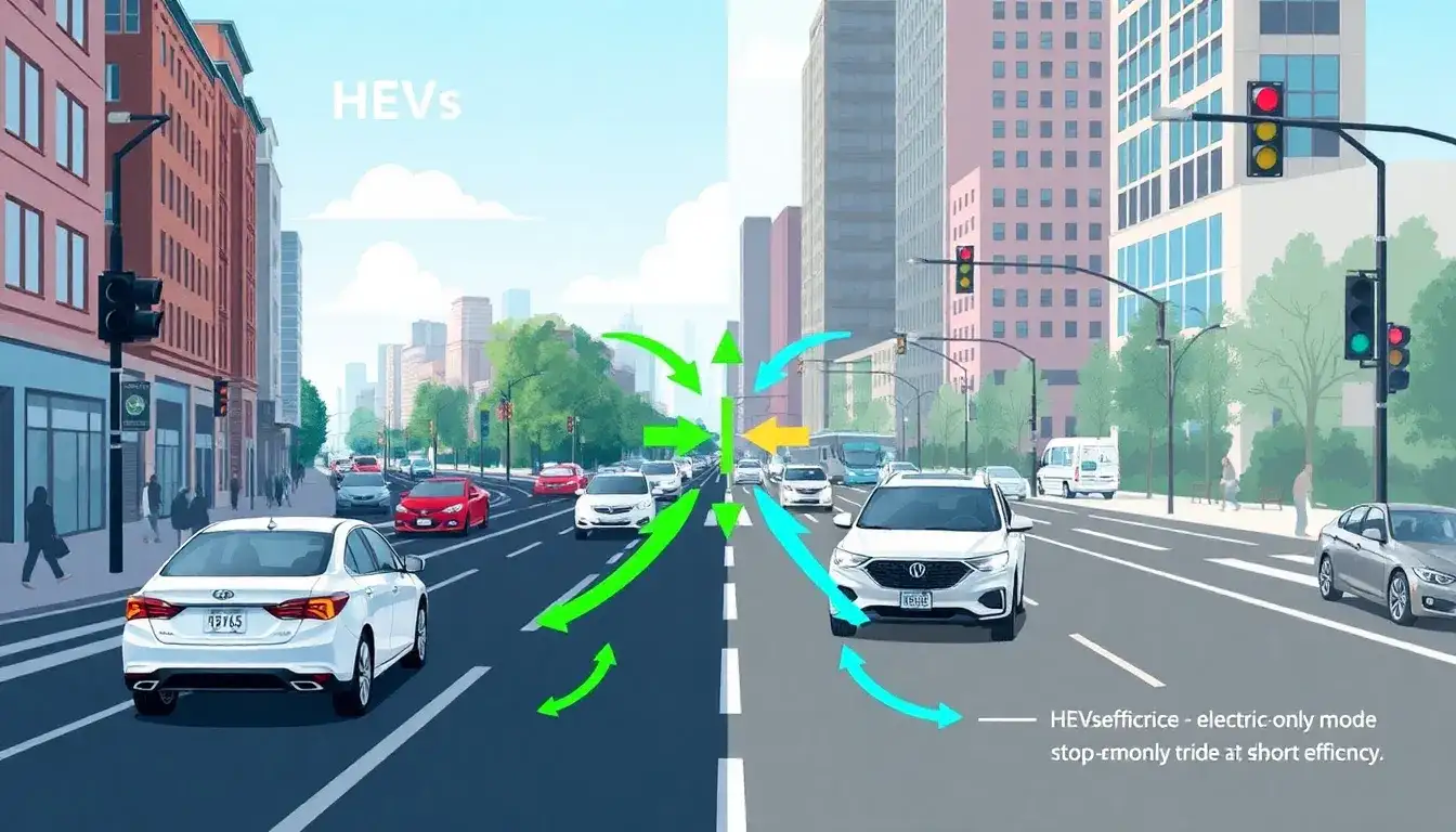How do fuel efficiencies of HEVs and PHEVs compare in urban driving