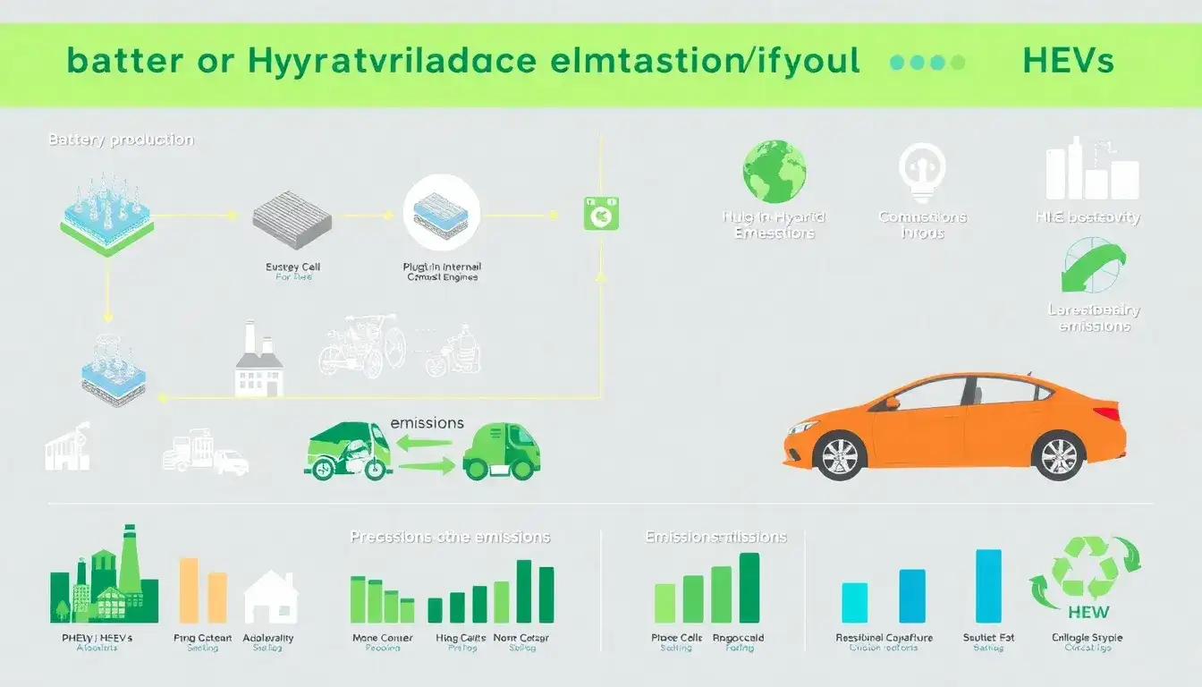 How does the battery production impact the overall emissions of PHEVs and HEVs