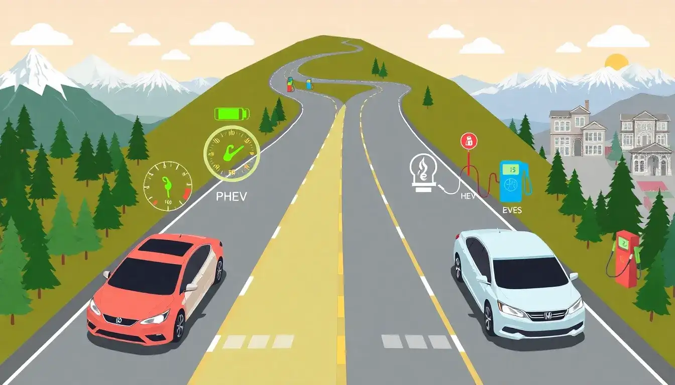How does the fuel efficiency of PHEVs compare to HEVs during long trips