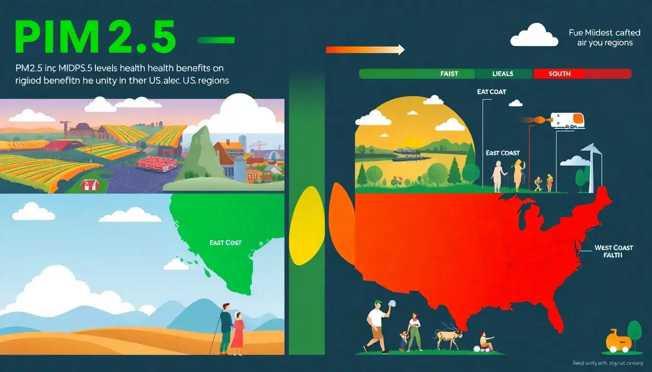 How does the Midwest compare to other regions in terms of PM2.5-related health benefits