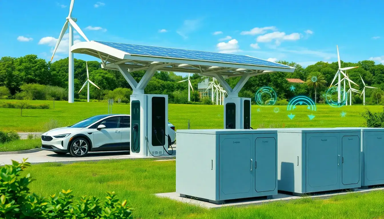 How does battery storage enhance the sustainability of EV charging stations