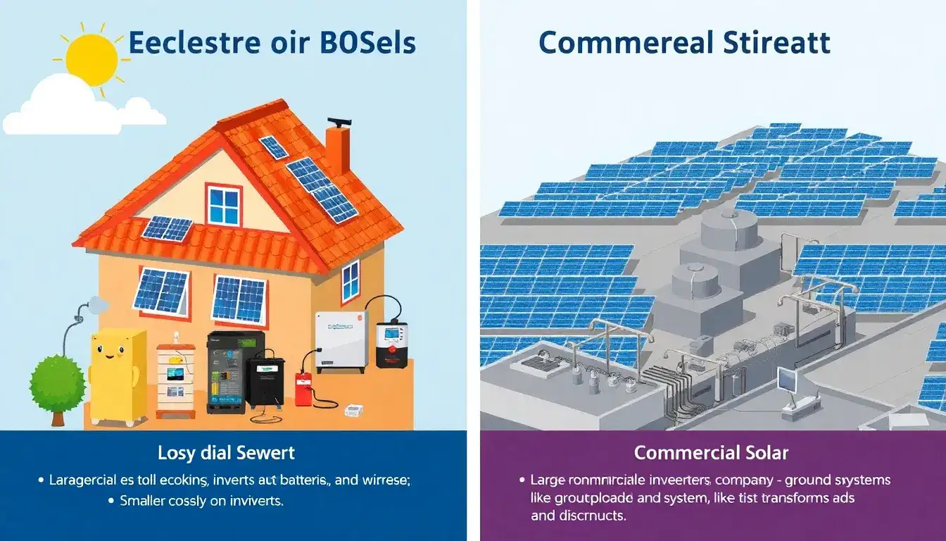 How do BOS costs vary between residential and commercial solar systems