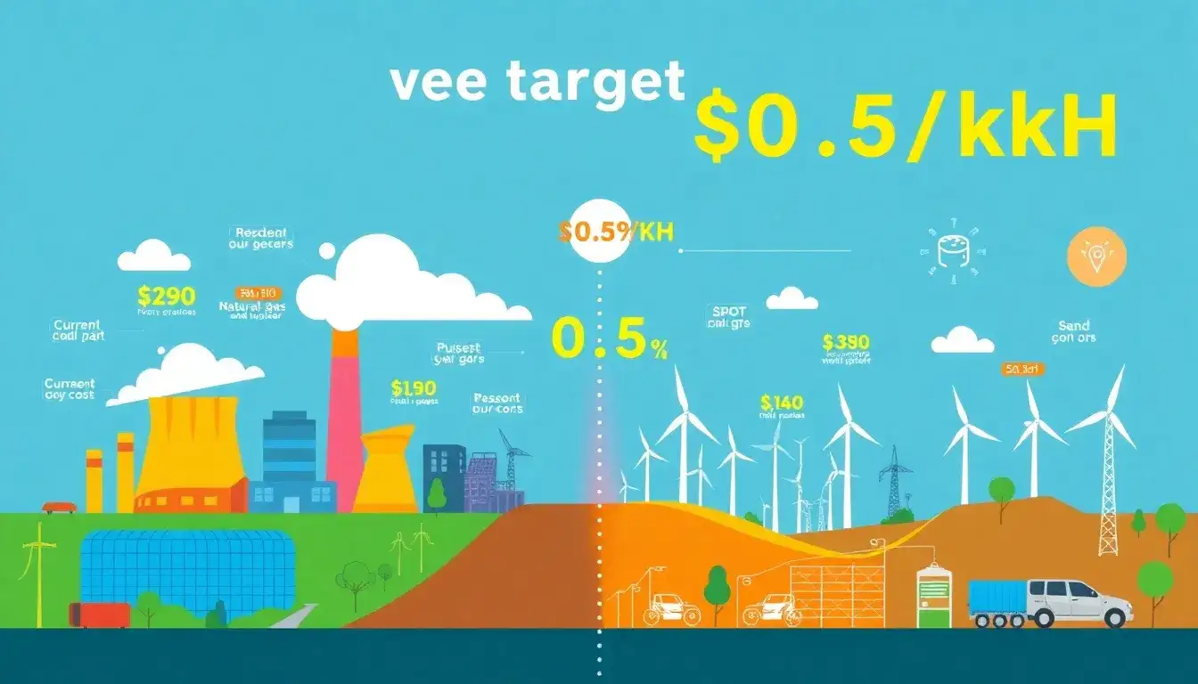 How does the cost reduction target of $0.05/kWh compare to current costs