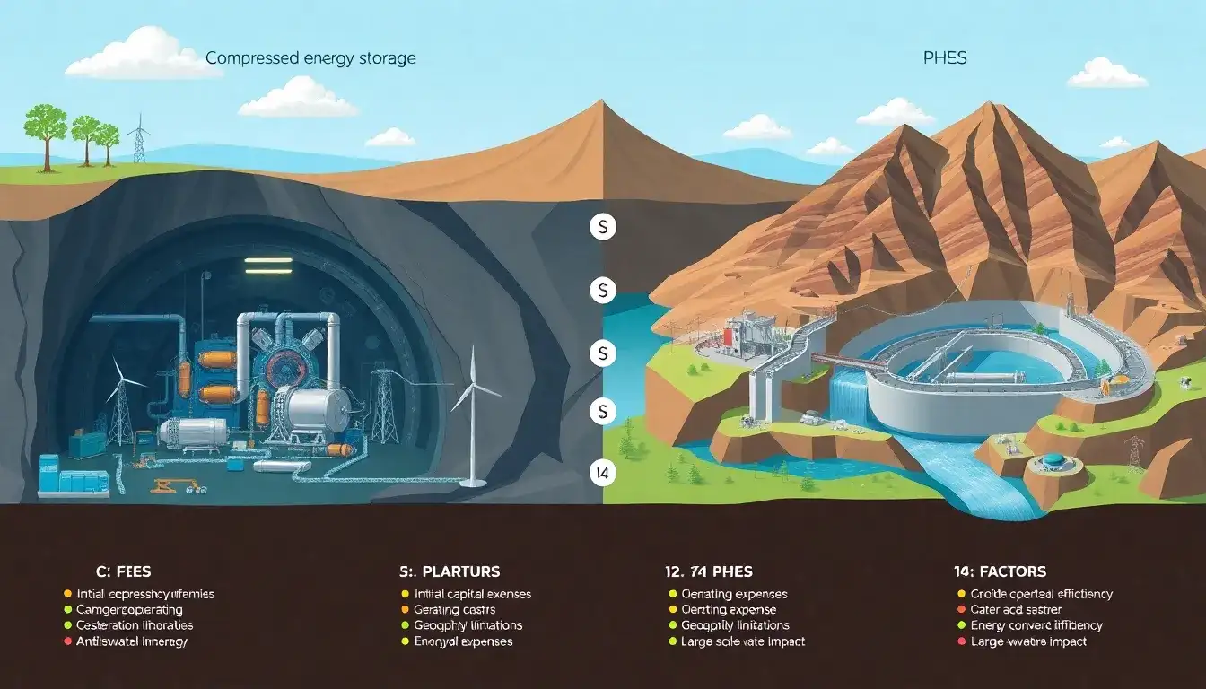 What are the main factors influencing the cost difference between CAES and PHS