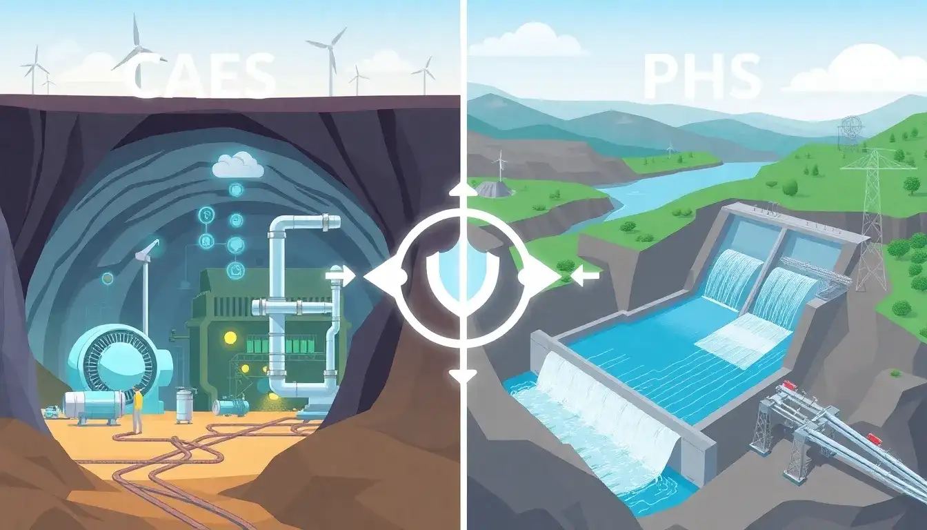 How does the efficiency of CAES compare to that of PHS