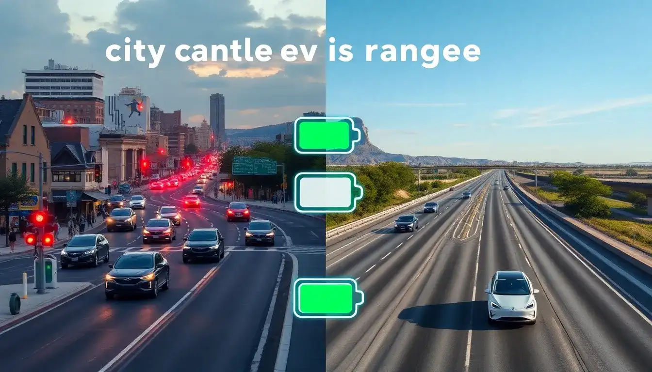 How do city and highway driving conditions affect the overall range of an electric vehicle