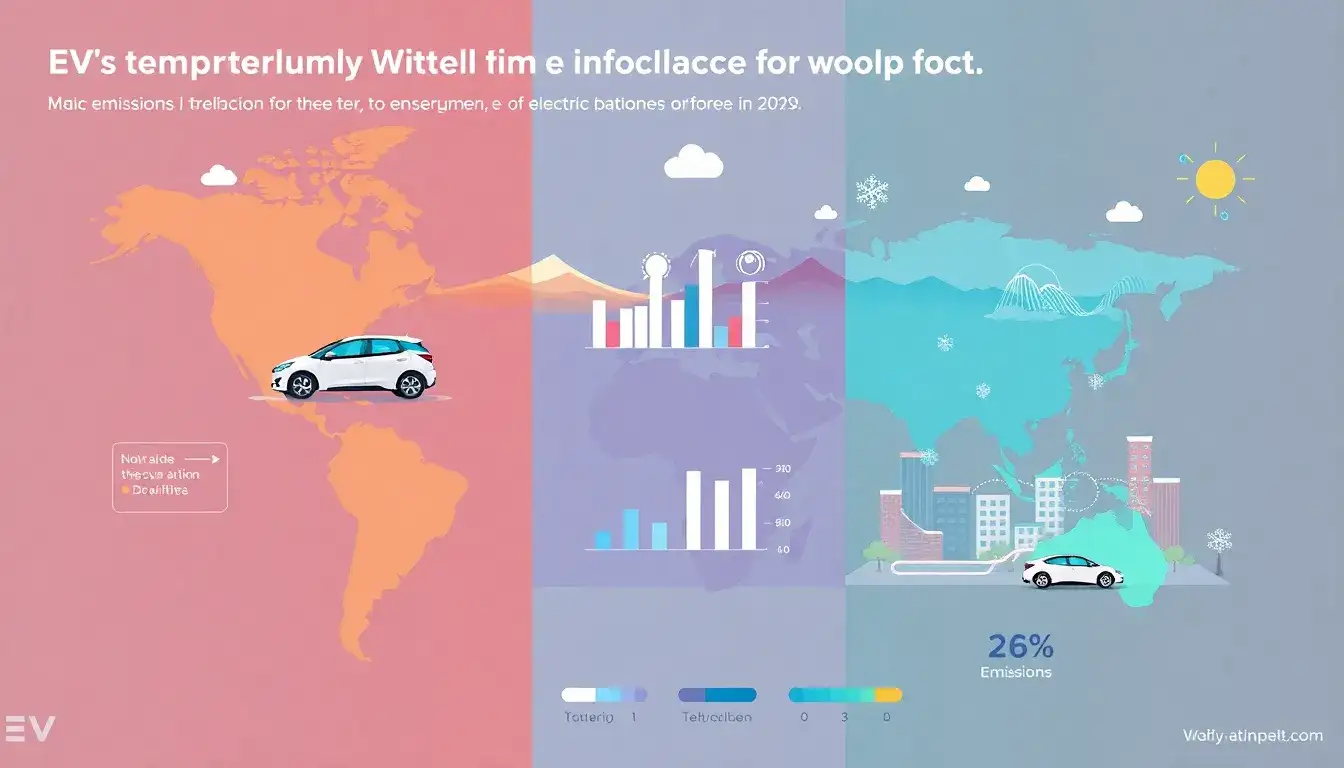 How does temperature variation impact the energy consumption and emissions of electric vehicles in different regions