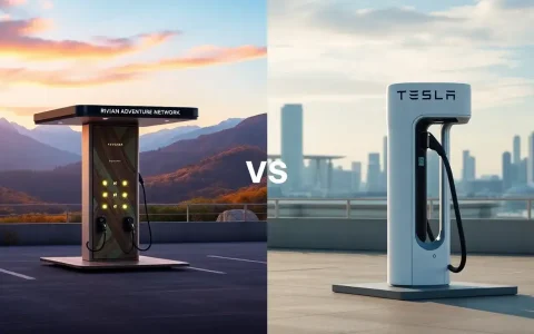 How does the charging speed of Rivian's Adventure Network compare to Tesla's Superchargers