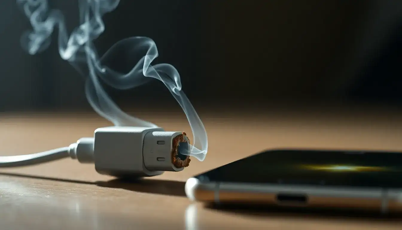 Should I contact the manufacturer if my charger starts smoking