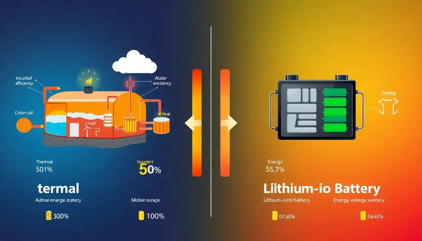 How does the efficiency of thermal energy storage compare to lithium-ion batteries