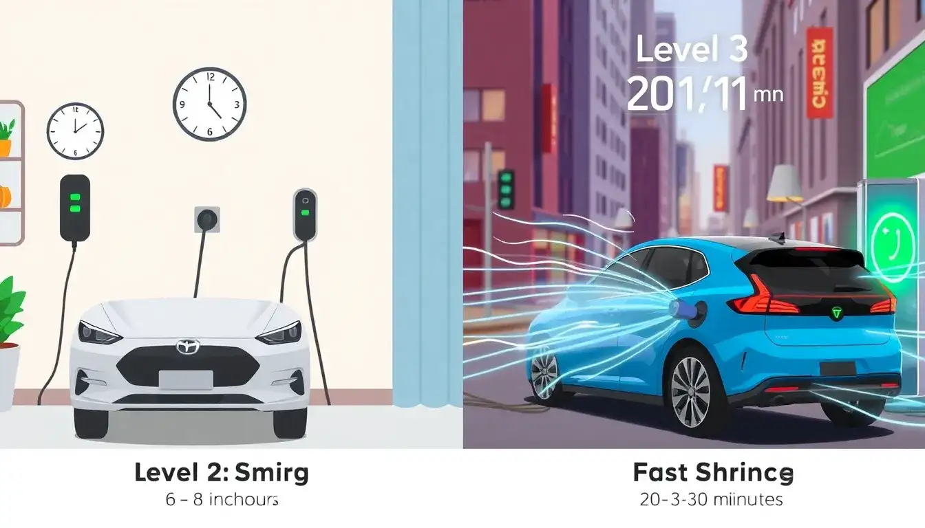 How does the charging time for a Level 2 charger compare to Level 3 fast charging