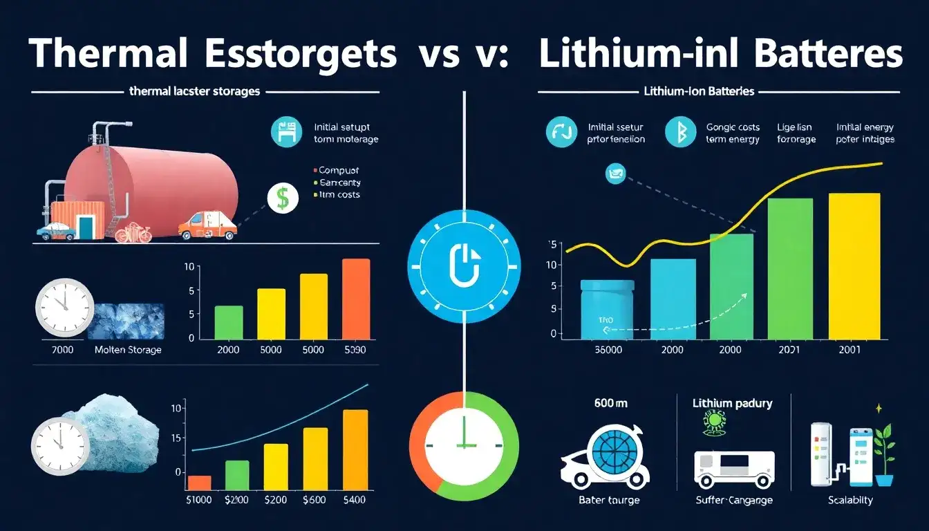 How does the cost of thermal energy storage compare to lithium-ion batteries in the long term