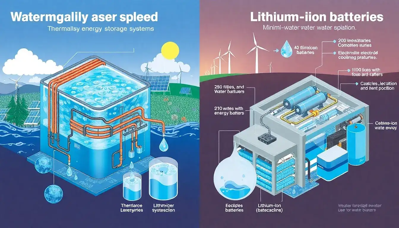 How does the water usage of thermal energy storage systems compare to that of lithium-ion batteries