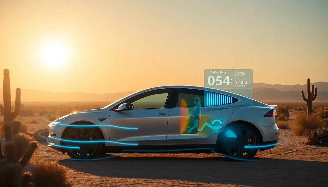 How does the Tesla heat pump affect EV range in hot climates