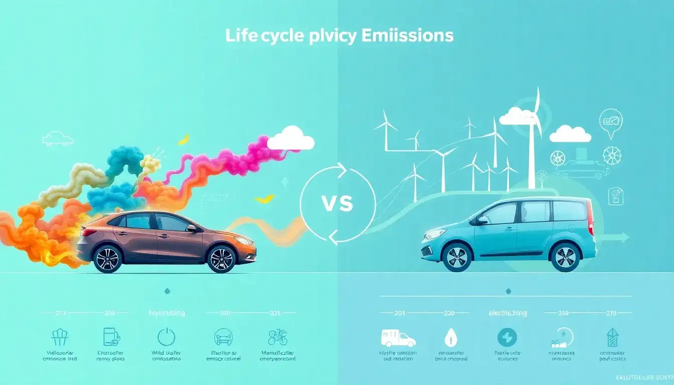 How do the life cycle emissions of hybrid vehicles compare to those of electric vehicles