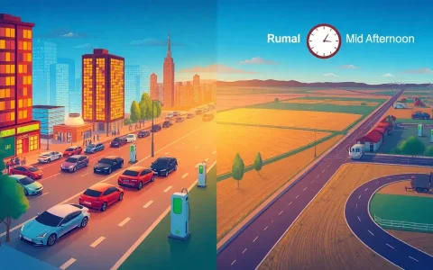 How do urban and rural EV charging behaviors differ in terms of peak charging times
