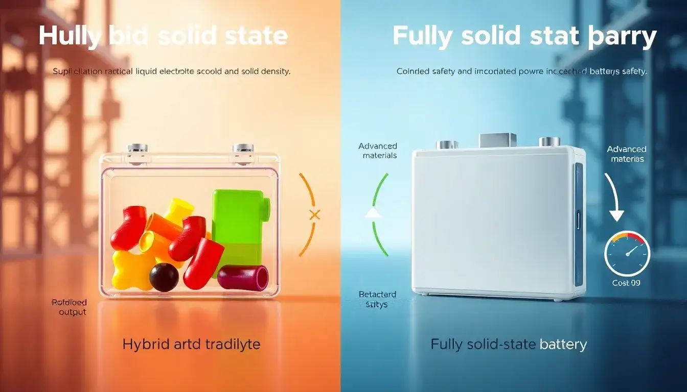 How do hybrid solid-state batteries compare to fully solid-state batteries in terms of performance and cost