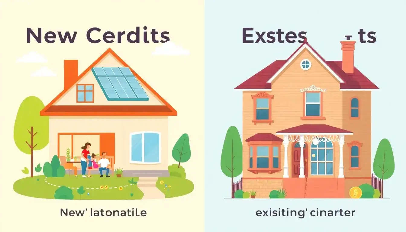 How do the tax credits for new homes differ from those for existing homes