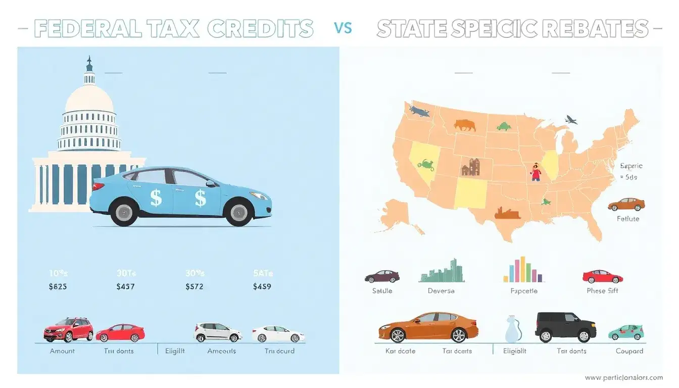 How do federal tax credits compare to state-specific rebates for electric vehicles