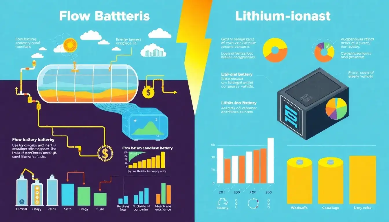 How do flow batteries compare to lithium-ion batteries in terms of cost and efficiency