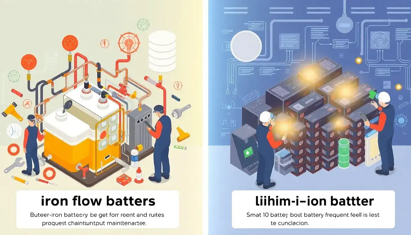 How do the maintenance requirements of iron flow batteries differ from those of lithium-ion batteries
