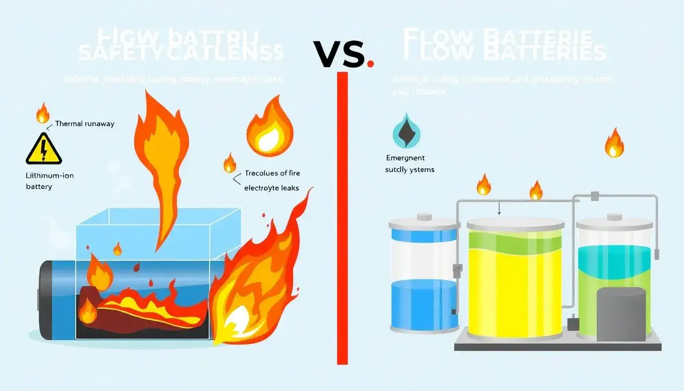 What are the safety concerns associated with lithium-ion batteries compared to flow batteries