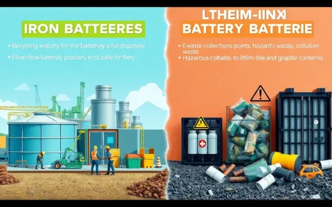 How do the disposal options for iron flow batteries compare to those of lithium-ion batteries