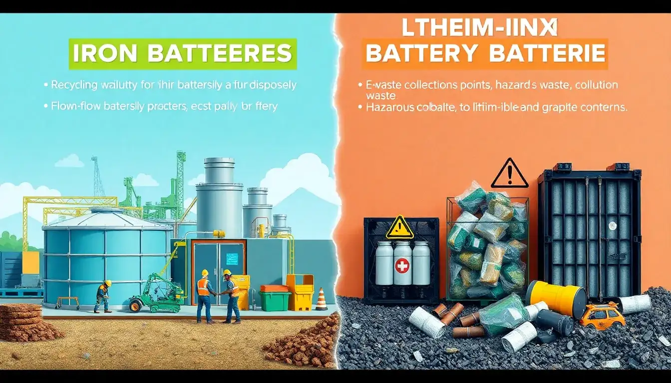 How do the disposal options for iron flow batteries compare to those of lithium-ion batteries