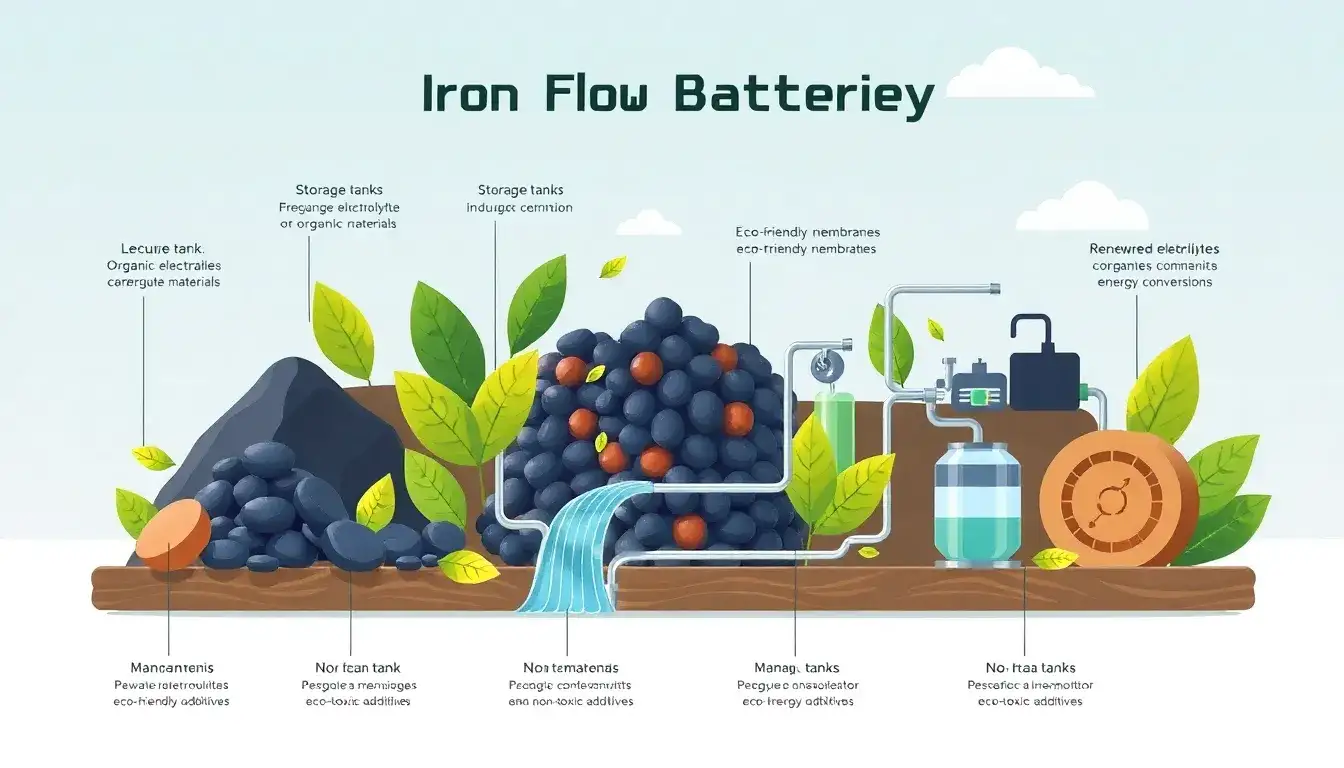 What materials are used in iron flow batteries that make them more environmentally friendly