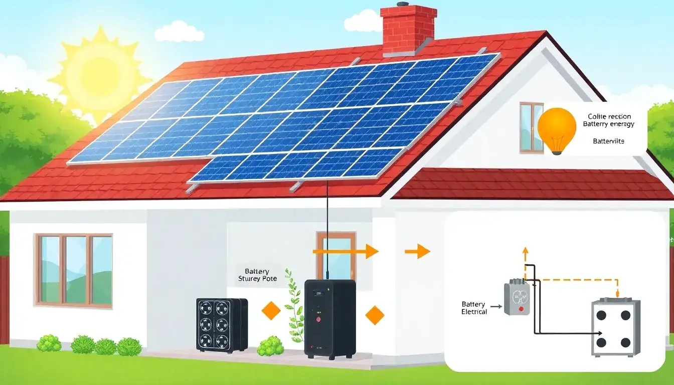 How do solar panels and batteries work together in a residential energy storage system
