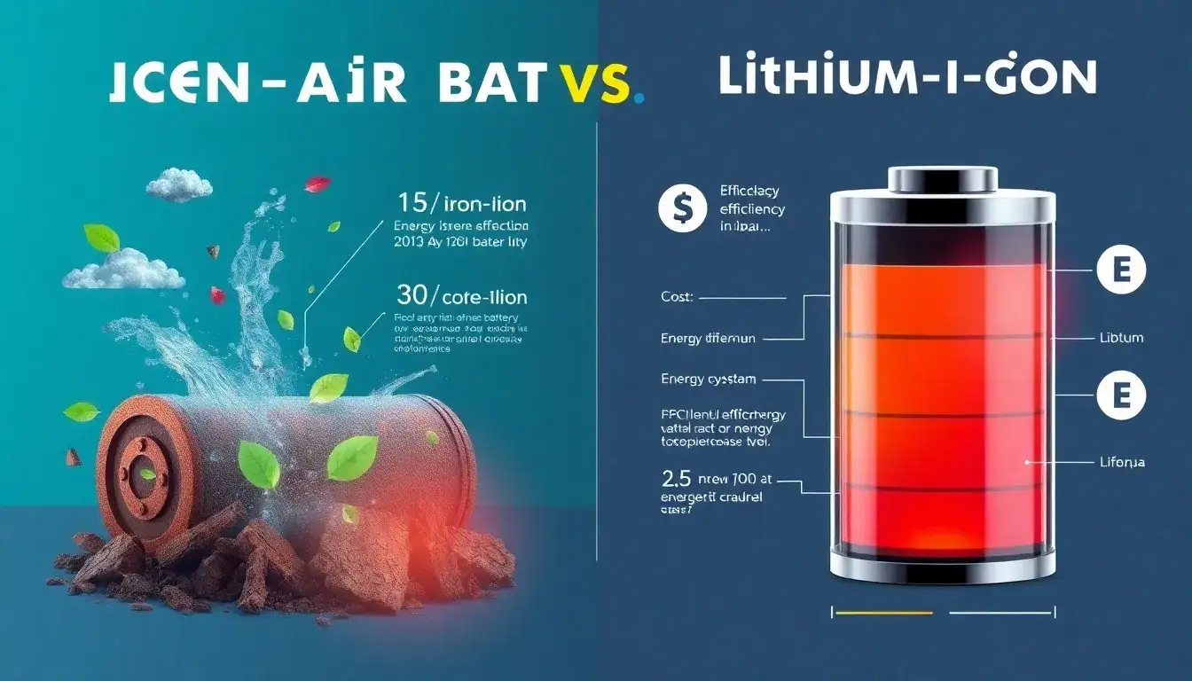 How do iron-air batteries compare to lithium-ion batteries in terms of cost and efficiency