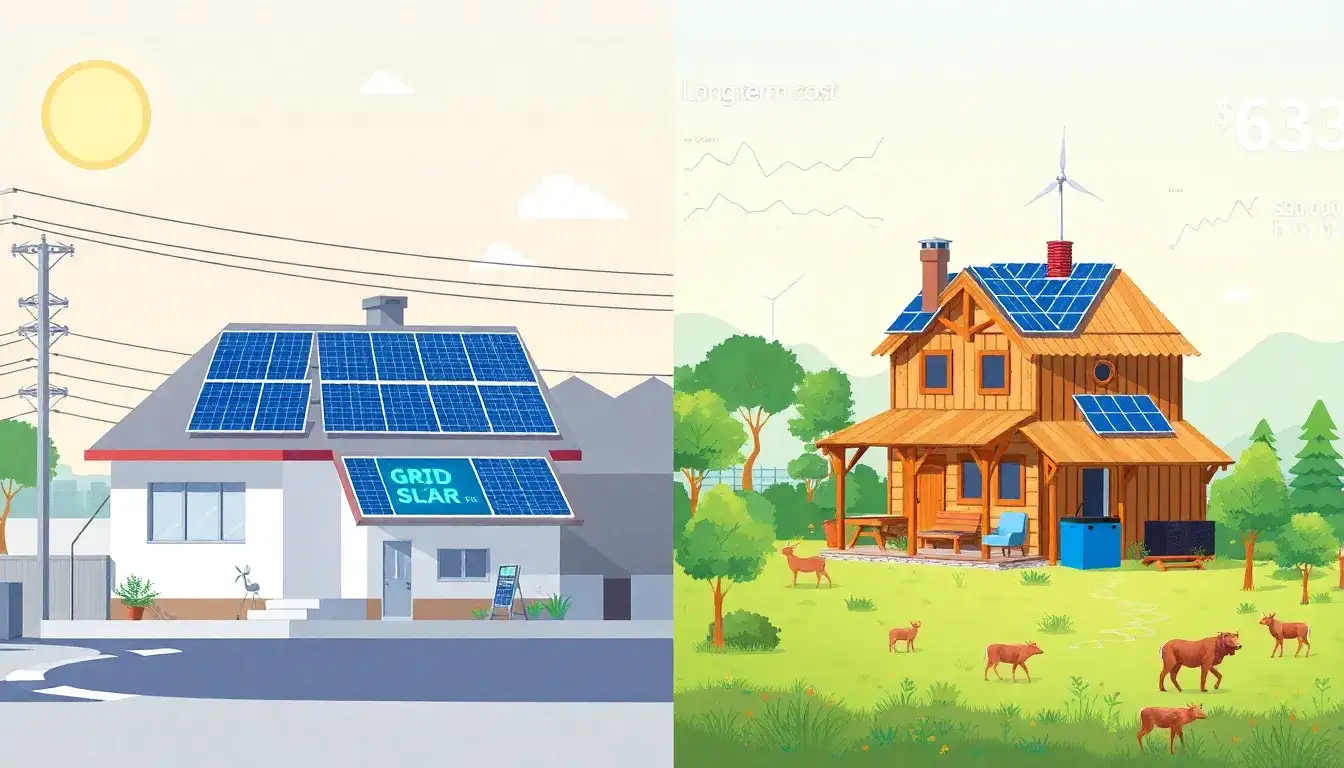 What are the long-term cost differences between grid-tied and off-grid solar systems