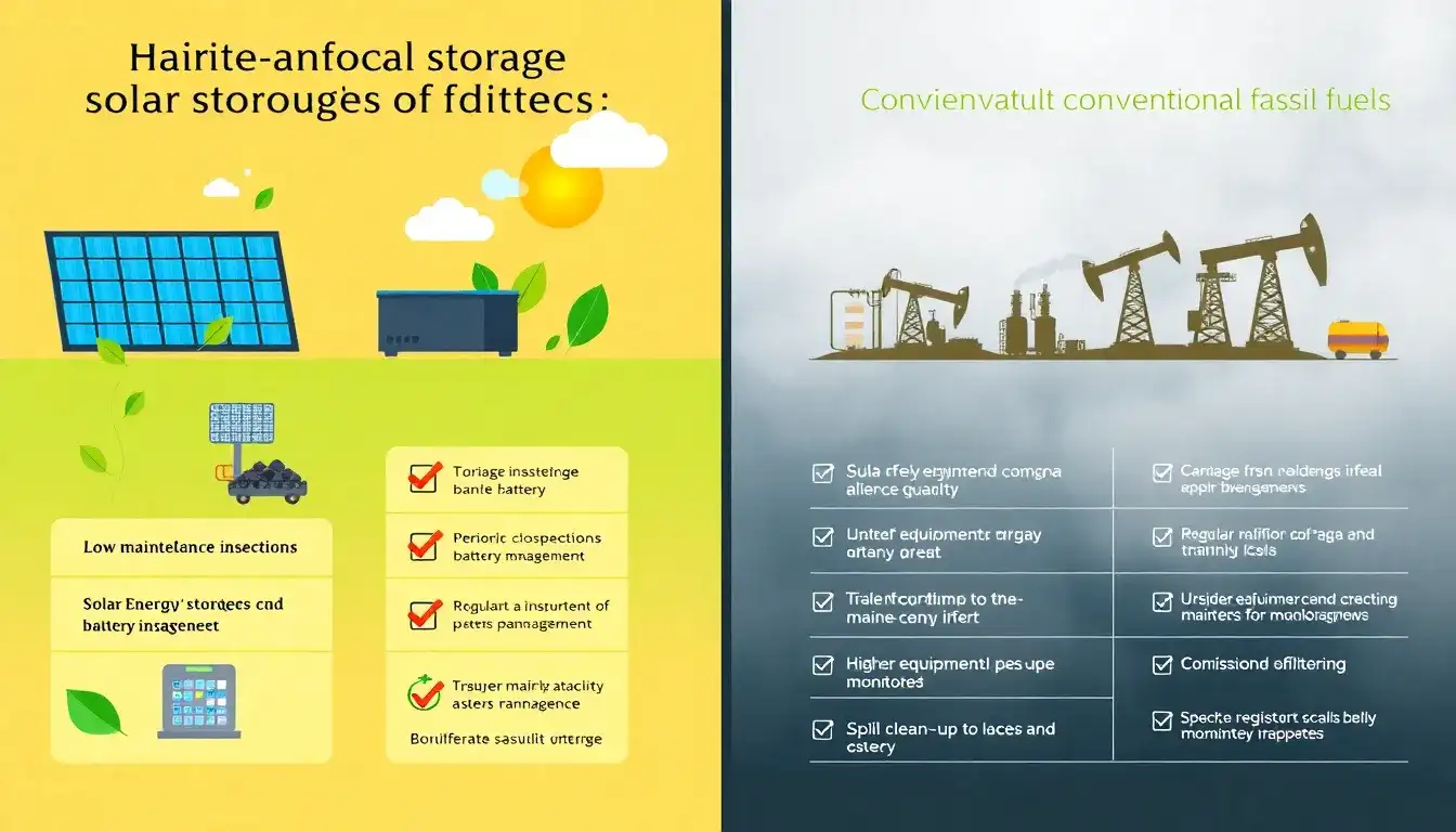 What are the differences in maintenance requirements between solar energy storage batteries and conventional fossil fuels
