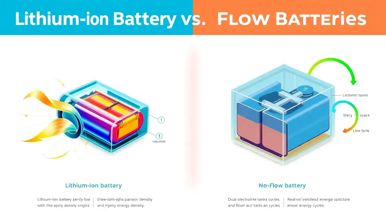 How do lithium-ion batteries compare to flow batteries in terms of efficiency
