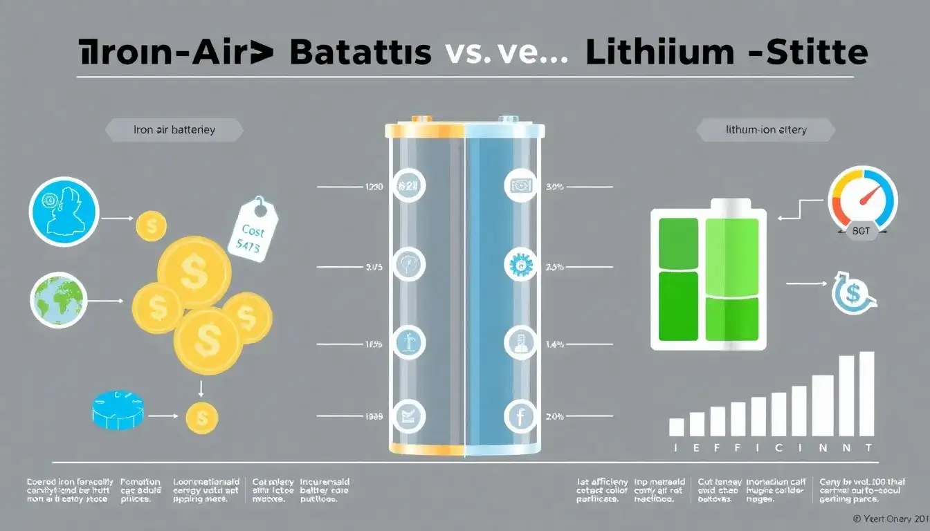 How do iron-air batteries compare to lithium-ion batteries in terms of cost and efficiency