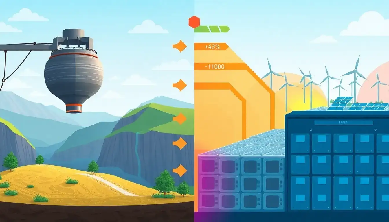 How does the efficiency of gravity-based energy storage compare to traditional battery storage